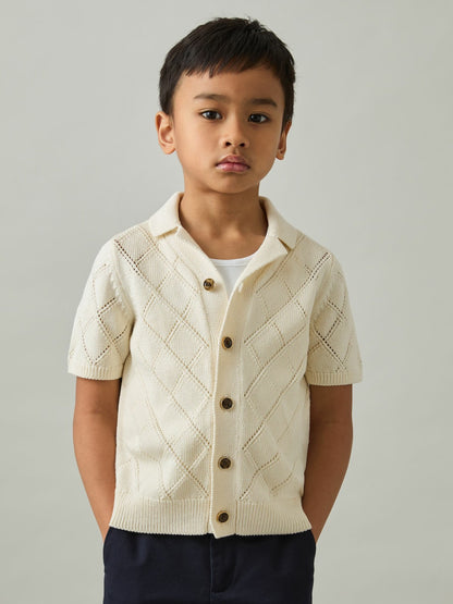 Reiss 3-9 yrs Cotton Blend Diamond Knit Shirt in Off White
