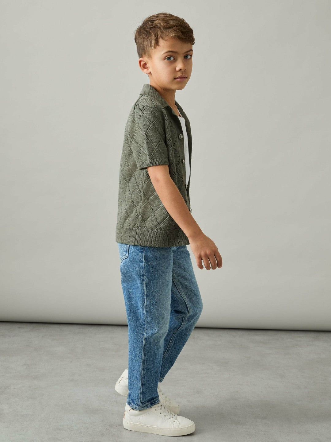 Reiss 9-13 yrs Cotton Blend Diamond Knit Shirt in Dark Sage