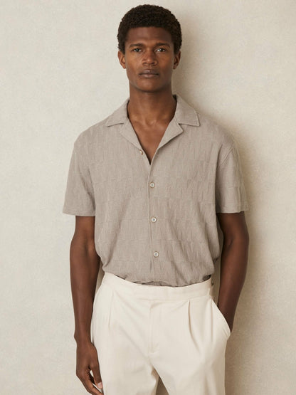 Reiss Cotton Textured Cuban-Collar Shirt in Mink Brown