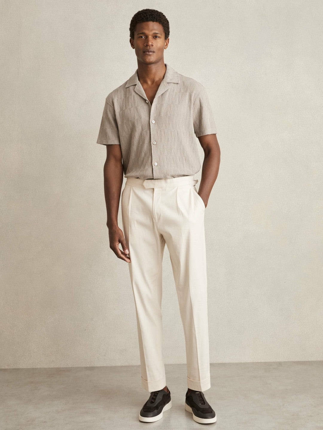 Reiss Cotton Textured Cuban-Collar Shirt in Mink Brown