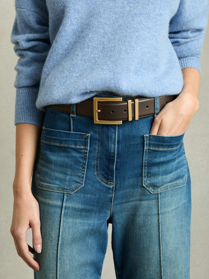 Reiss Leather Square Buckle Belt in Chocolate