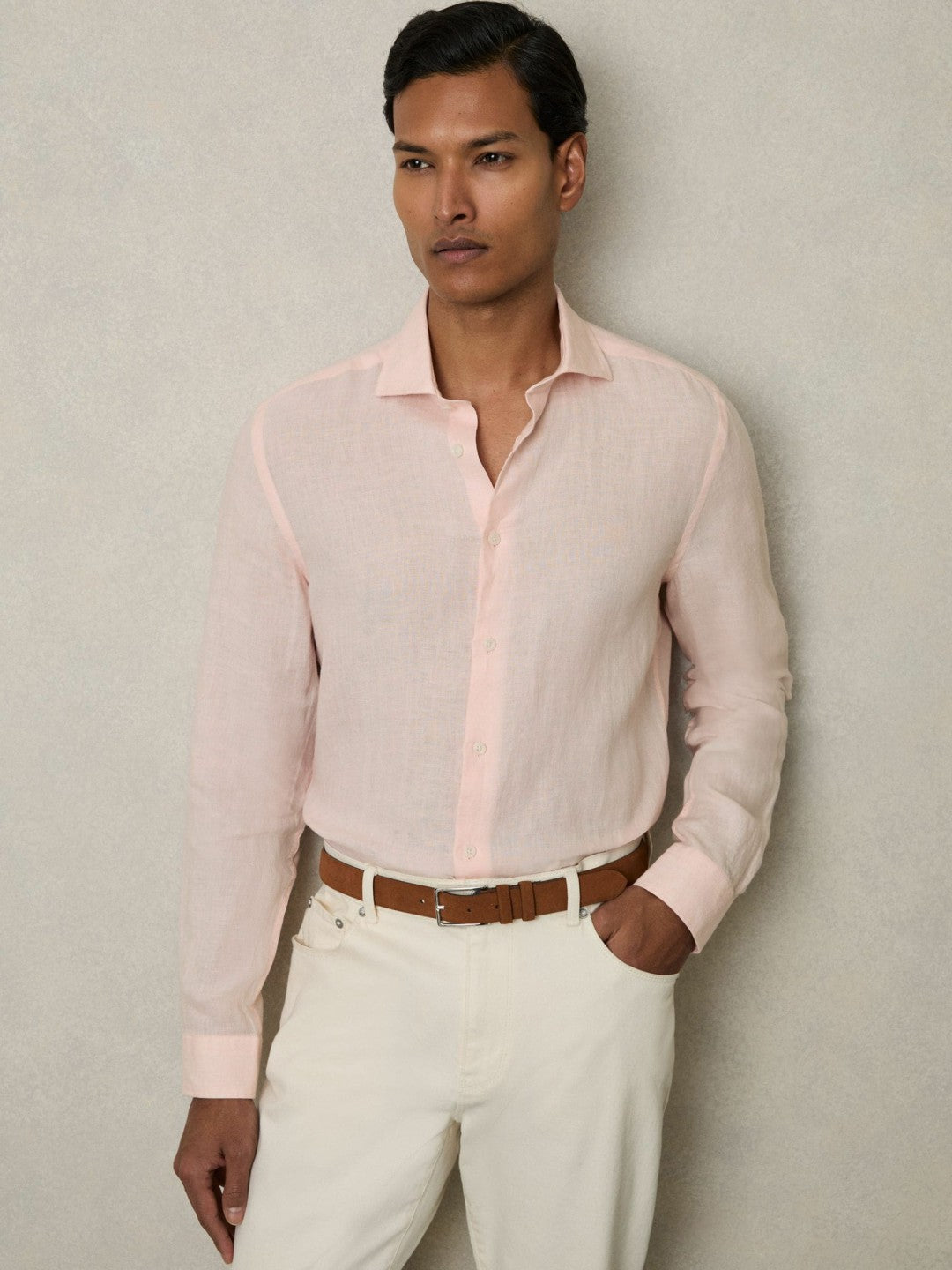 Reiss Linen Button-Through Shirt in Prep Pink