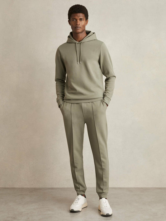 Reiss Interlock Jersey Drawstring Hoodie in Sage