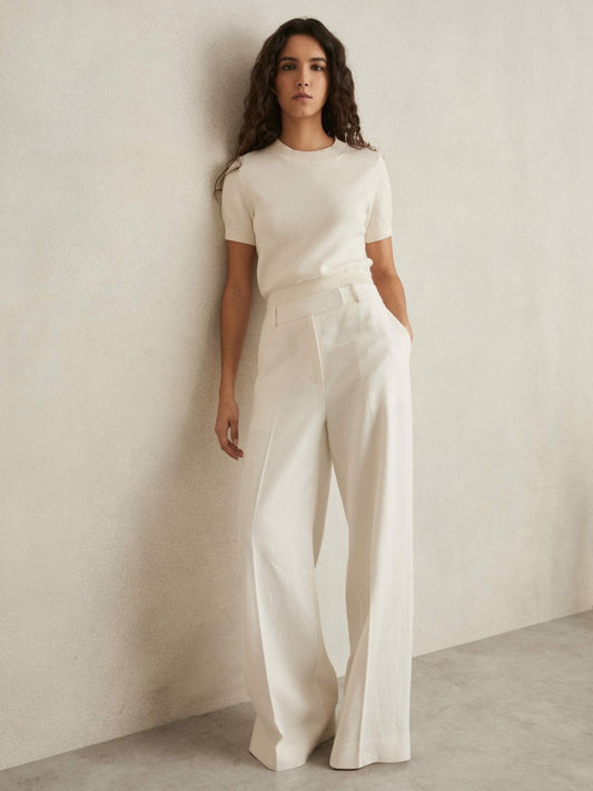 Reiss Petite Linen-Blend Wide-Leg Trousers in White