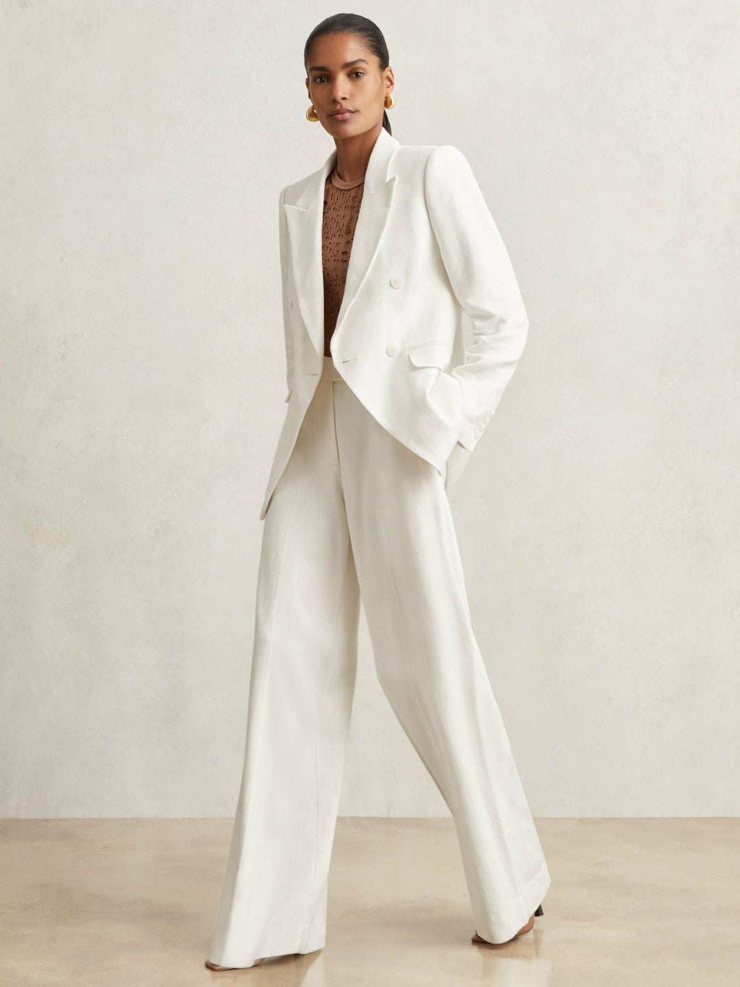 Reiss Linen-Blend Double-Breasted Suit Jacket in White