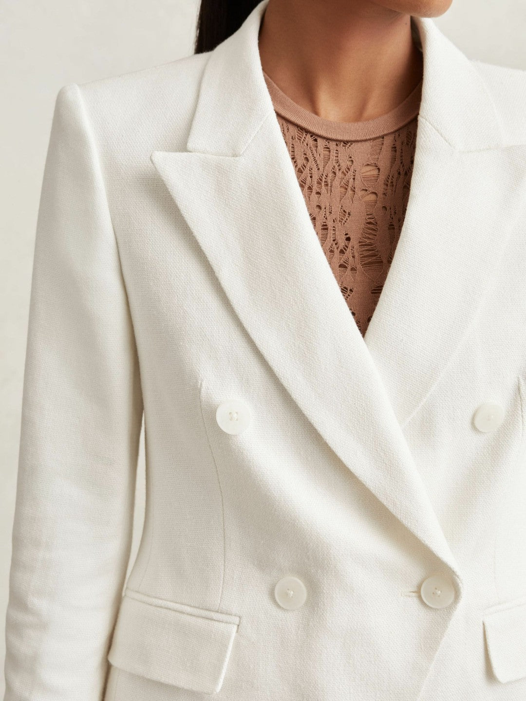 Reiss Petite Linen-Blend Double-Breasted Suit Jacket in White
