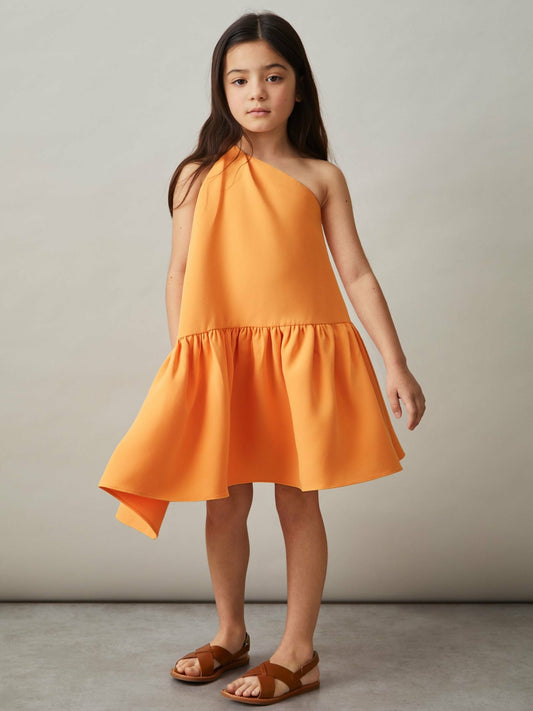 Reiss 9-13 yrs One-Shoulder Tiered Dress in Orange