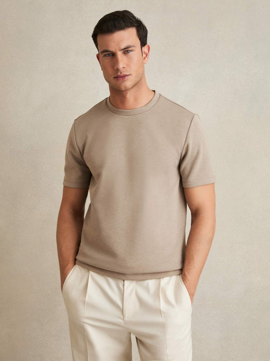 Reiss Interlock Jersey Crew Neck T-Shirt in Taupe Brown