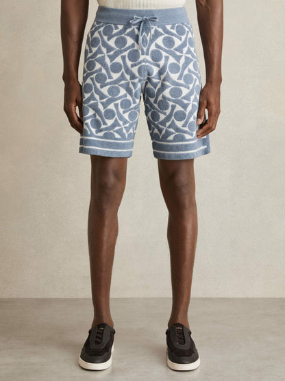 Reiss Abstract-Pattern Towelling Shorts in Soft Blue/White