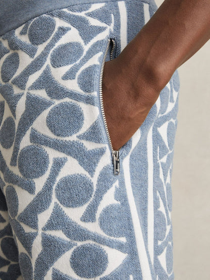Reiss Abstract-Pattern Towelling Shorts in Soft Blue/White