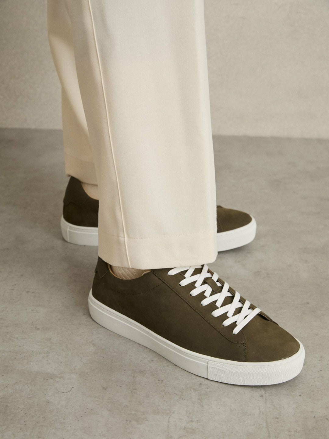 Reiss Nubuck-Leather Low-Top Trainers in Olive Green