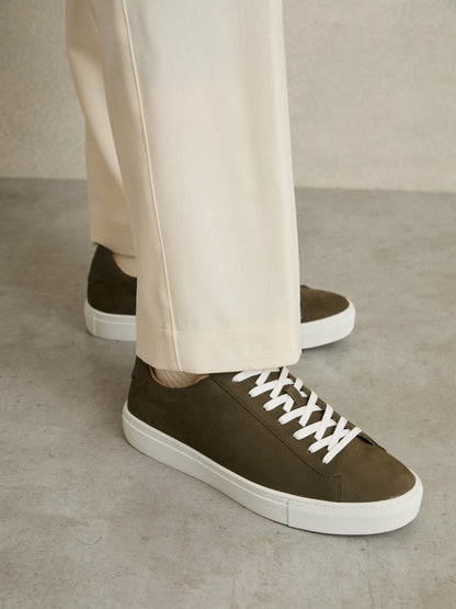 Reiss Nubuck-Leather Low-Top Trainers in Olive Green