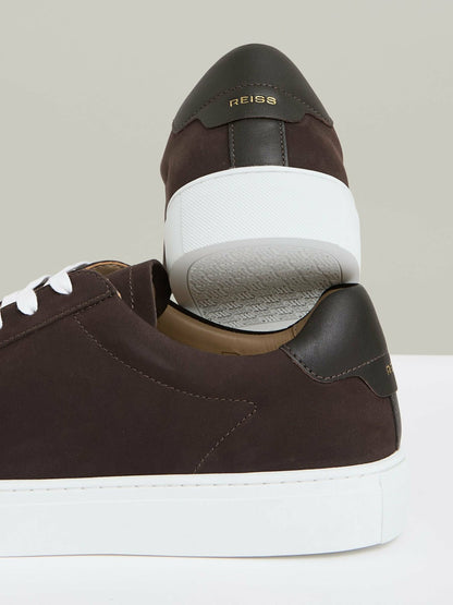 Reiss Nubuck-Leather Low-Top Trainers in Dark Chocolate Brown