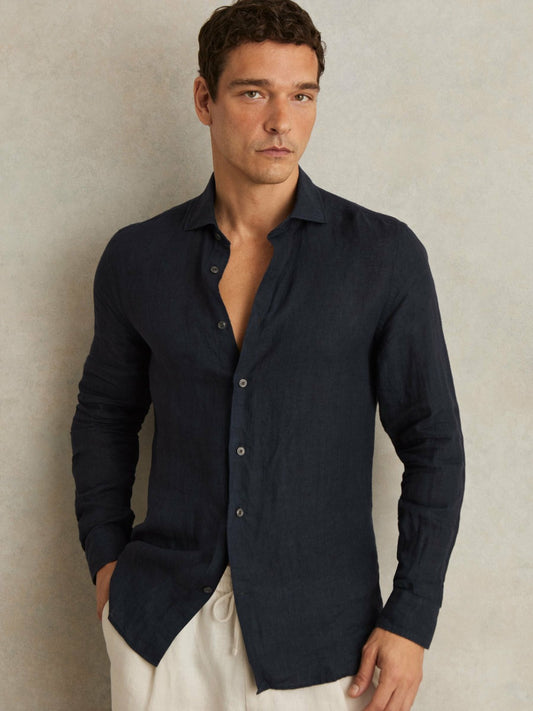 Reiss Linen Button-Through Shirt in Navy
