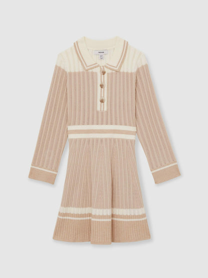 Reiss 13-14 yrs Rib-Knit Pointelle Flared Dress in Pale Pink