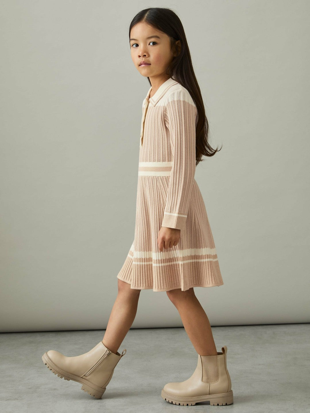 Reiss 13-14 yrs Rib-Knit Pointelle Flared Dress in Pale Pink