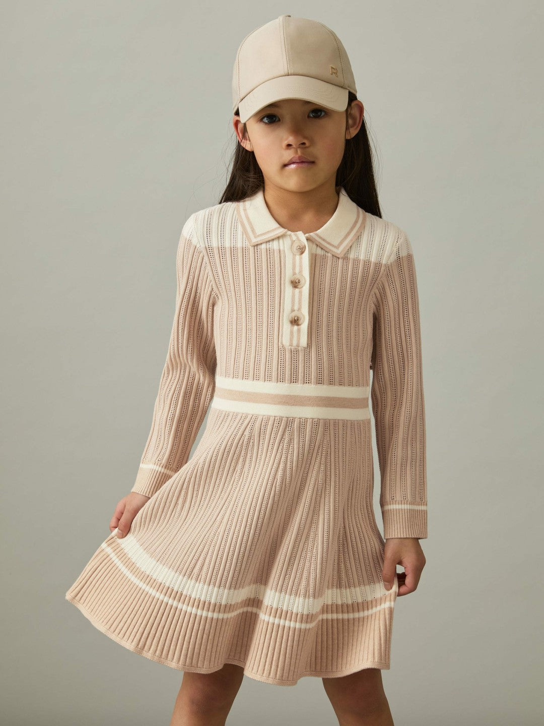 Reiss 13-14 yrs Rib-Knit Pointelle Flared Dress in Pale Pink
