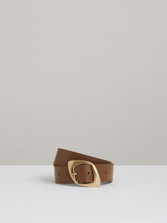 Reiss Leather Curved-Edge Buckle Belt in Taupe