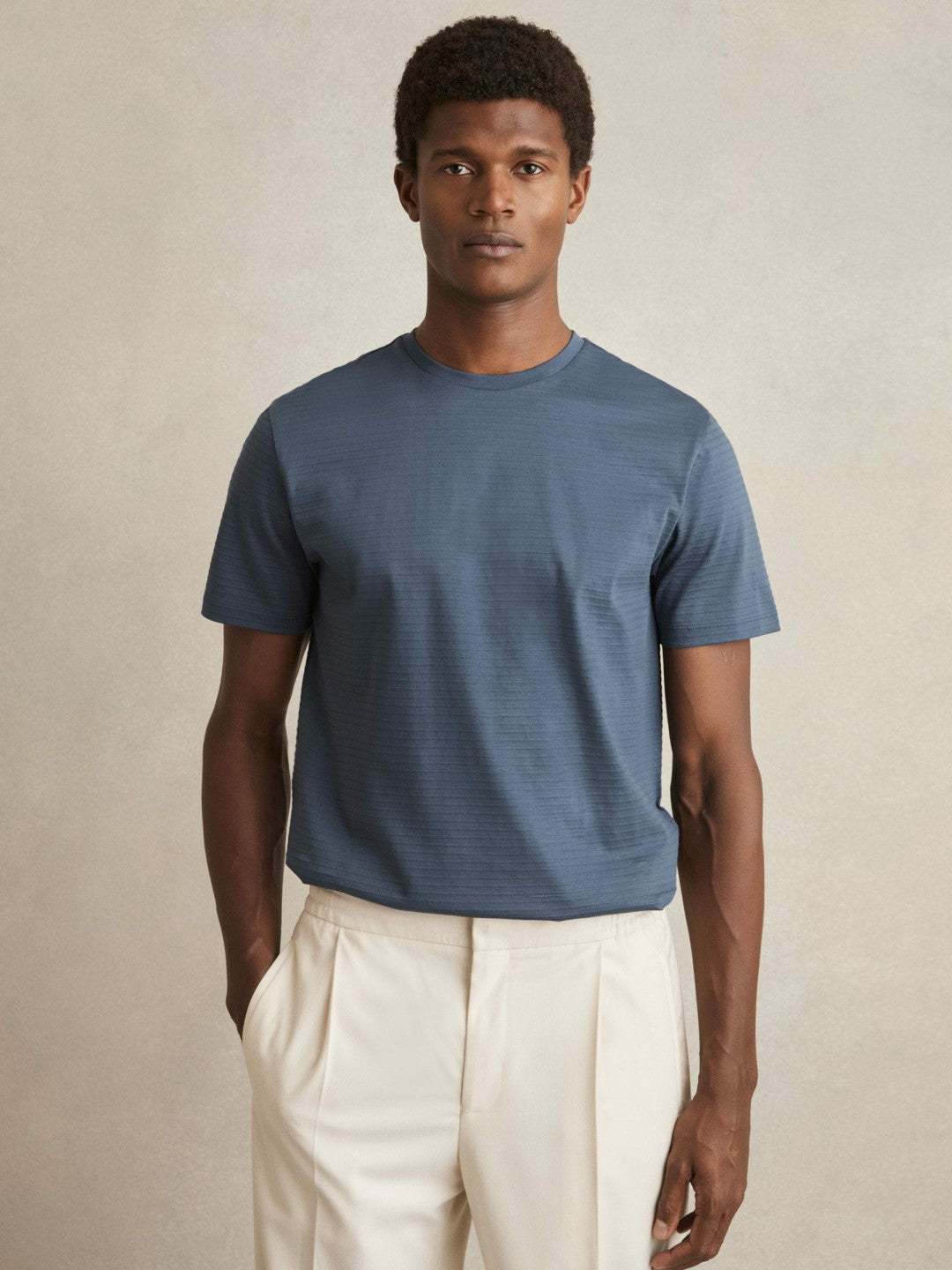 Reiss Mercerised-Cotton Ribbed T-Shirt in Airforce Blue