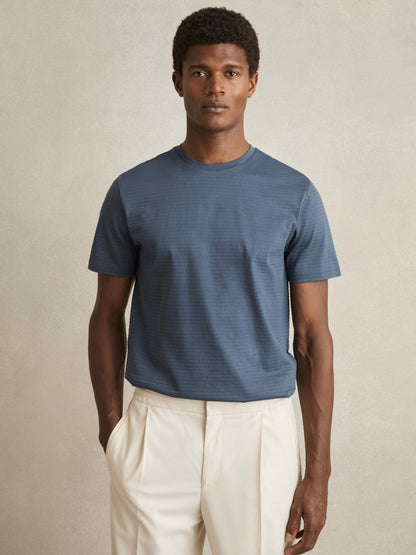 Reiss Mercerised-Cotton Ribbed T-Shirt in Airforce Blue