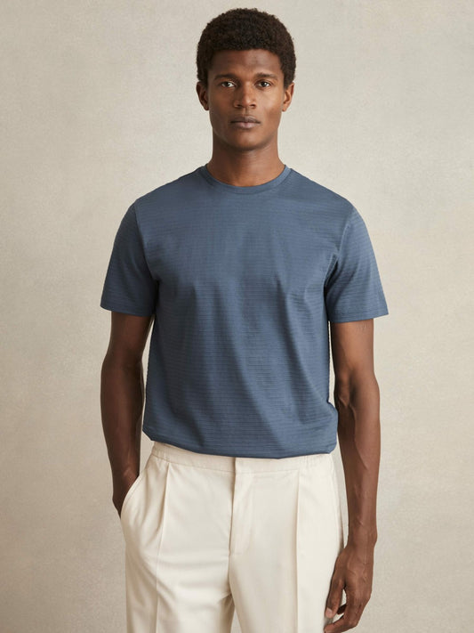 Reiss Mercerised-Cotton Ribbed T-Shirt in Airforce Blue