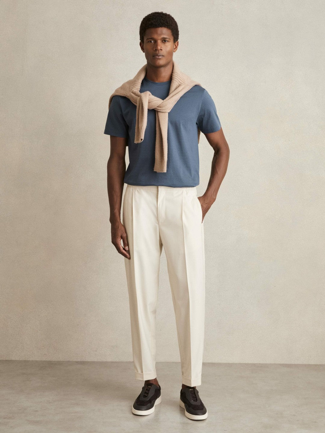 Reiss Mercerised-Cotton Ribbed T-Shirt in Airforce Blue