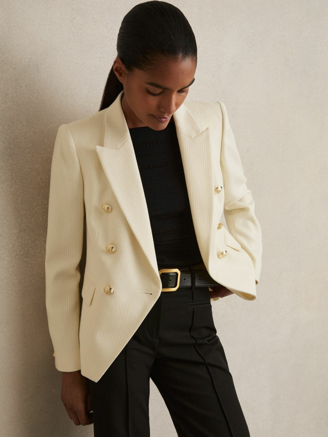 Reiss Tailored Fit Textured Double Breasted Blazer in White