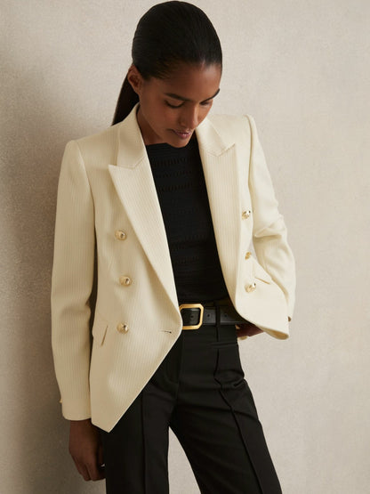 Reiss Tailored Fit Textured Double Breasted Blazer in White