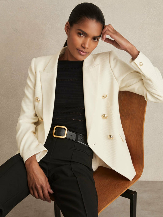 Reiss Petite Tailored Fit Textured Double Breasted Blazer in White