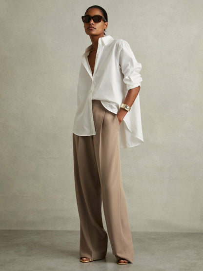 Reiss Petite Elasticated-Waist Wide-Leg Twill Trousers in Mink Neutral