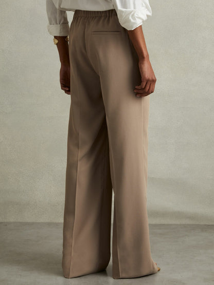 Reiss Petite Elasticated-Waist Wide-Leg Twill Trousers in Mink Neutral