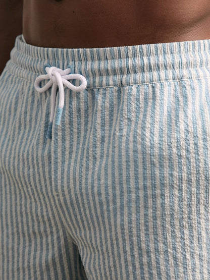 Reiss Seersucker Stripe Swim Shorts in Soft Blue/White