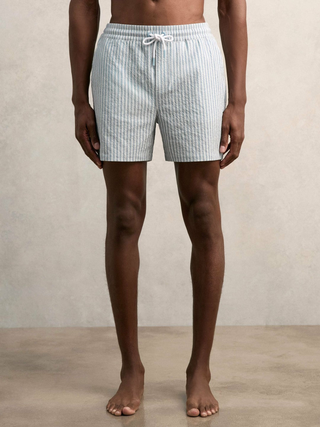 Reiss Seersucker Stripe Swim Shorts in Soft Blue/White