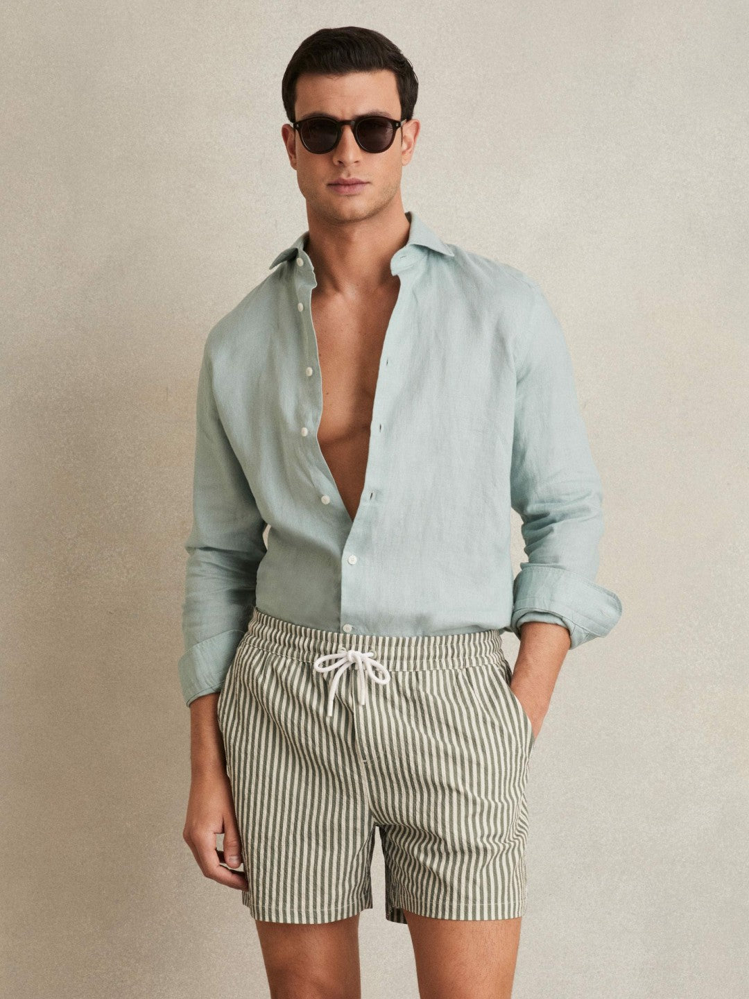 Reiss Seersucker Stripe Swim Shorts in Sage/White