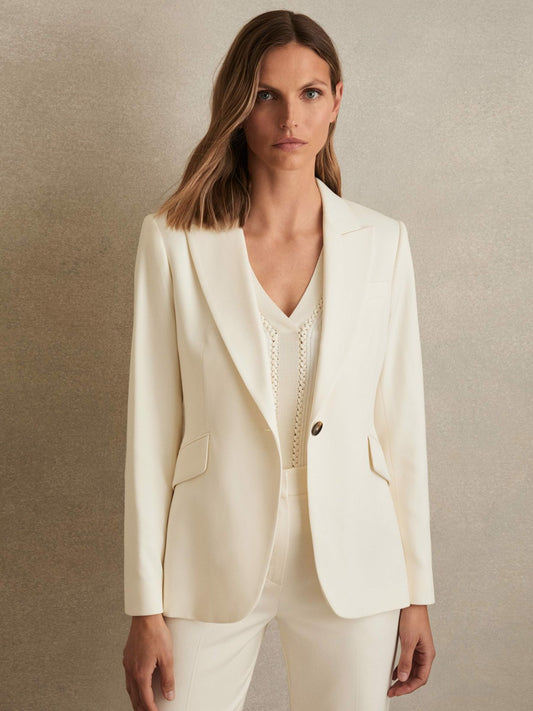Reiss Single-Breasted Peak-Lapel Tailored Blazer in Cream