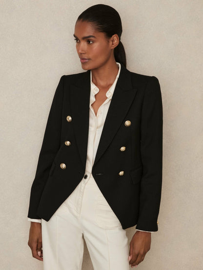 Reiss Petite Tailored Fit Textured Double Breasted Blazer in Black