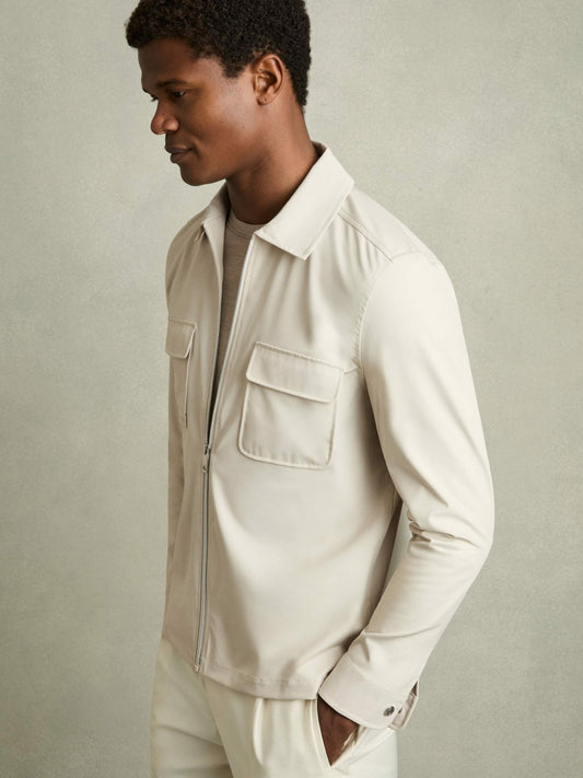 Reiss Technical Zip-Through Overshirt in Stone