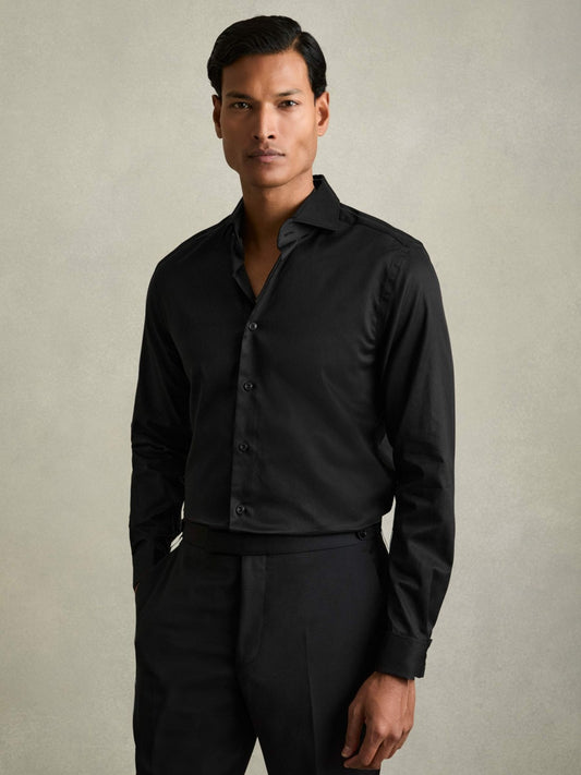 Reiss Regular Fit Slim-Fit Cotton Double-Cuff Shirt in Black