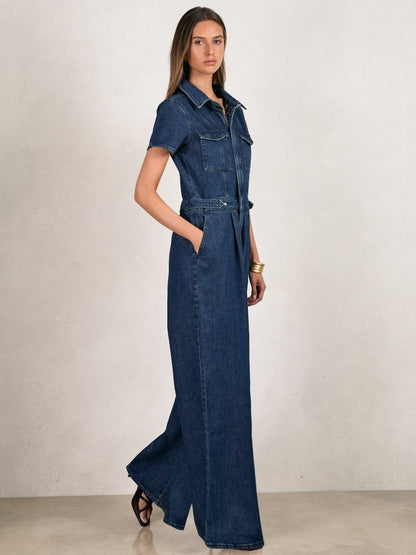 Reiss Good American Wide-Leg Denim Jumpsuit in Dark Indigo