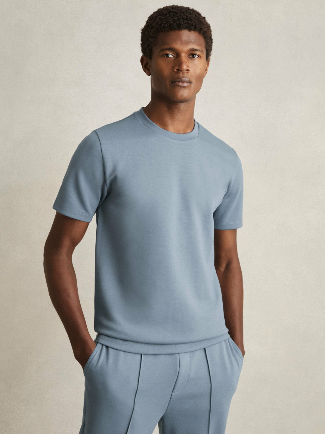 Reiss Interlock Jersey Crew Neck T-Shirt in Airforce Blue