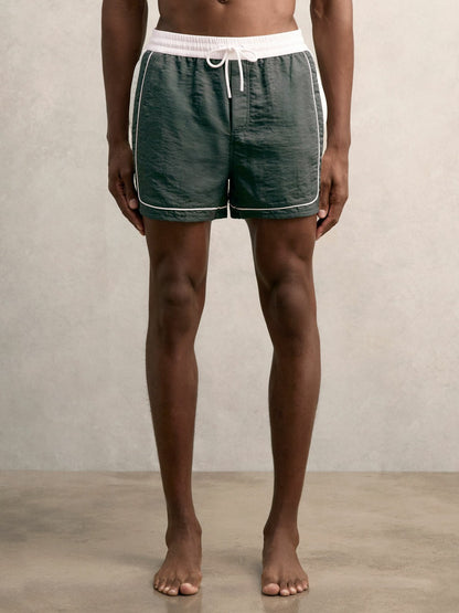 Reiss Colour-Block Piped-Trim Swim Shorts in Dark Green/White