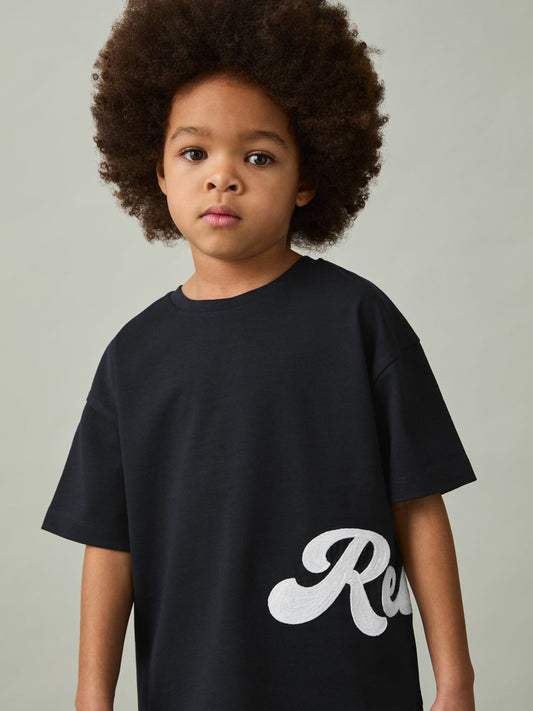 Reiss 9-13 yrs Cotton Script-Logo Oversized T-Shirt in Navy