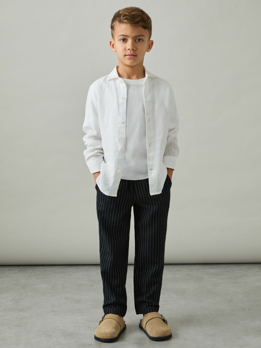Reiss Linen-Blend Drawstring Trousers in Navy Stripe