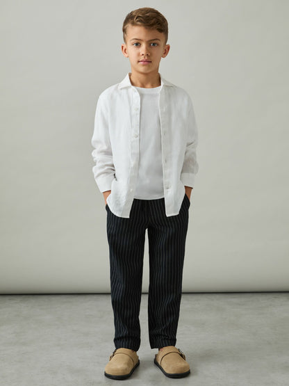 Reiss Linen-Blend Drawstring Trousers in Navy Stripe