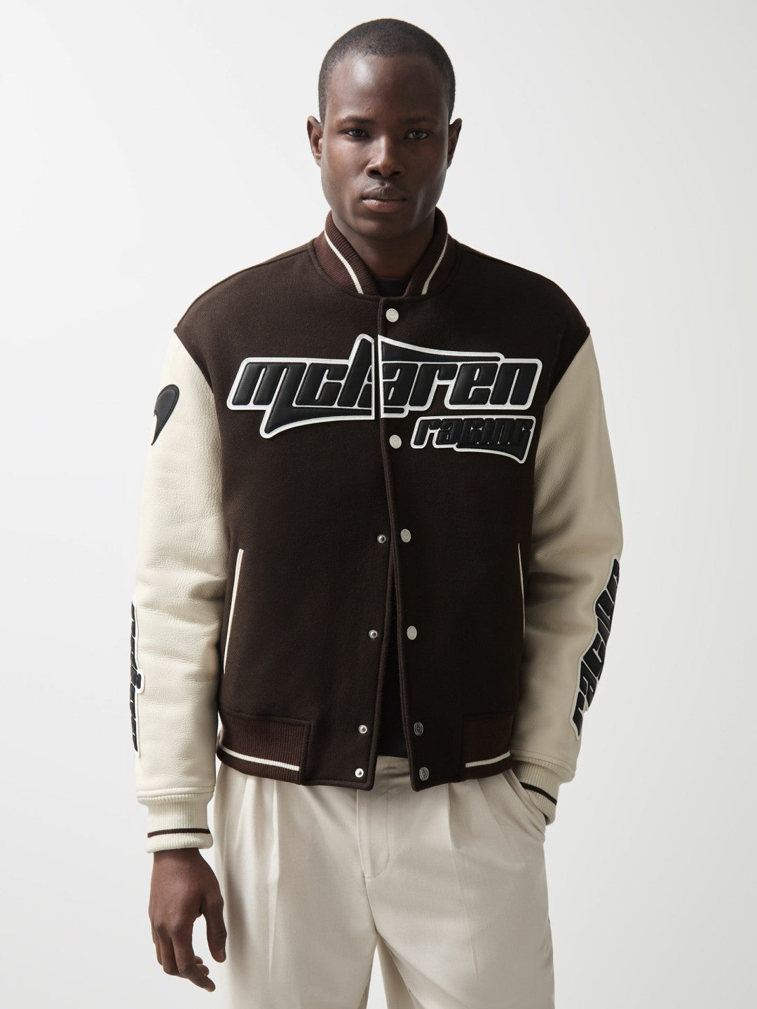 Reiss McLaren F1 Team Bomber Jacket in Brown/Ivory/White