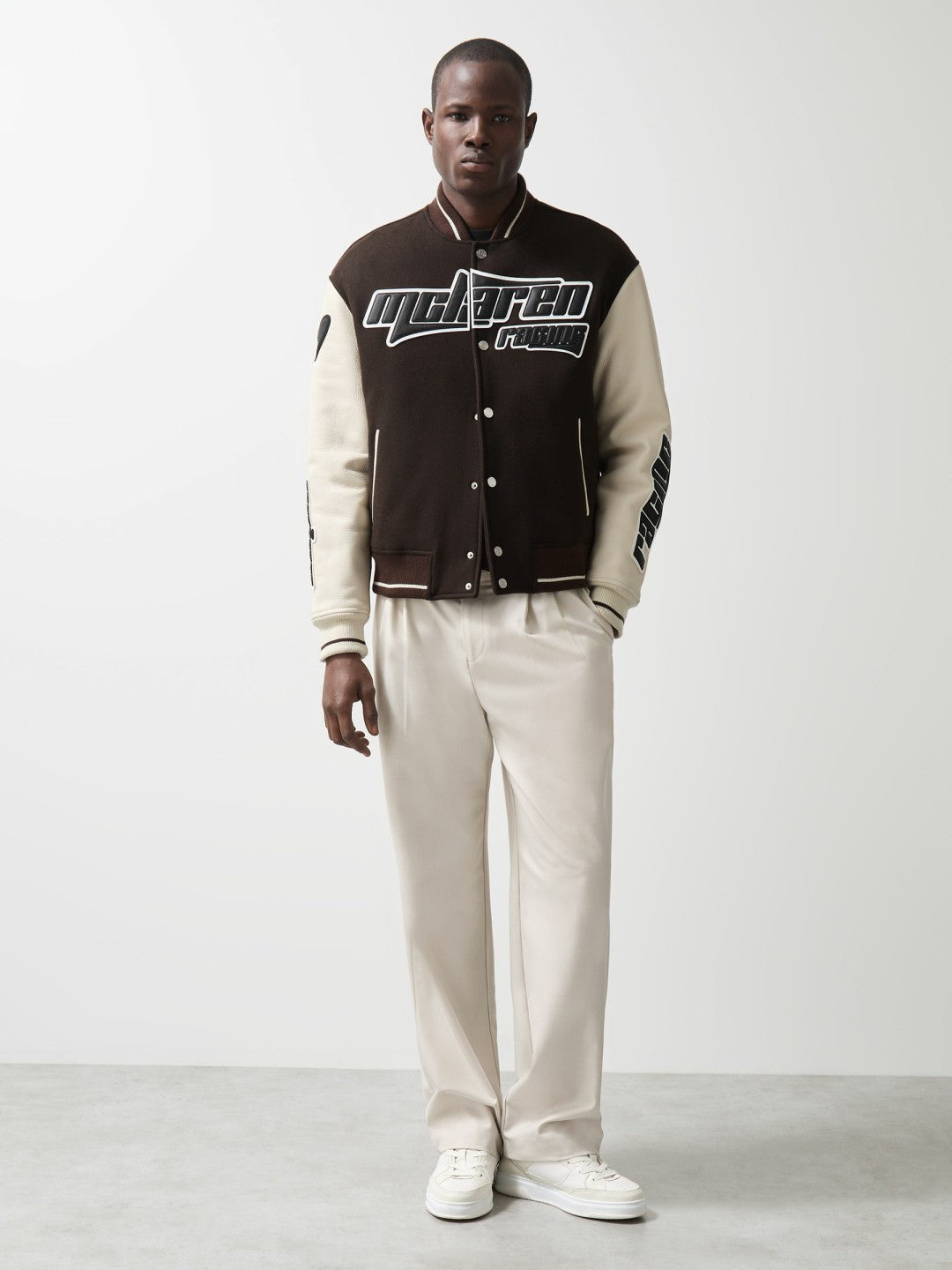 Reiss McLaren F1 Team Bomber Jacket in Brown/Ivory/White