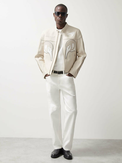 Reiss McLaren F1 Team Leather Biker Jacket in Off White