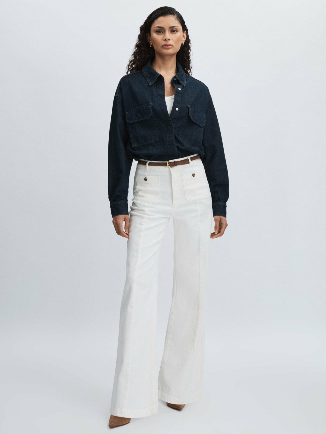 Reiss Paige Wide-Leg Patch Pocket Jeans in Ecru