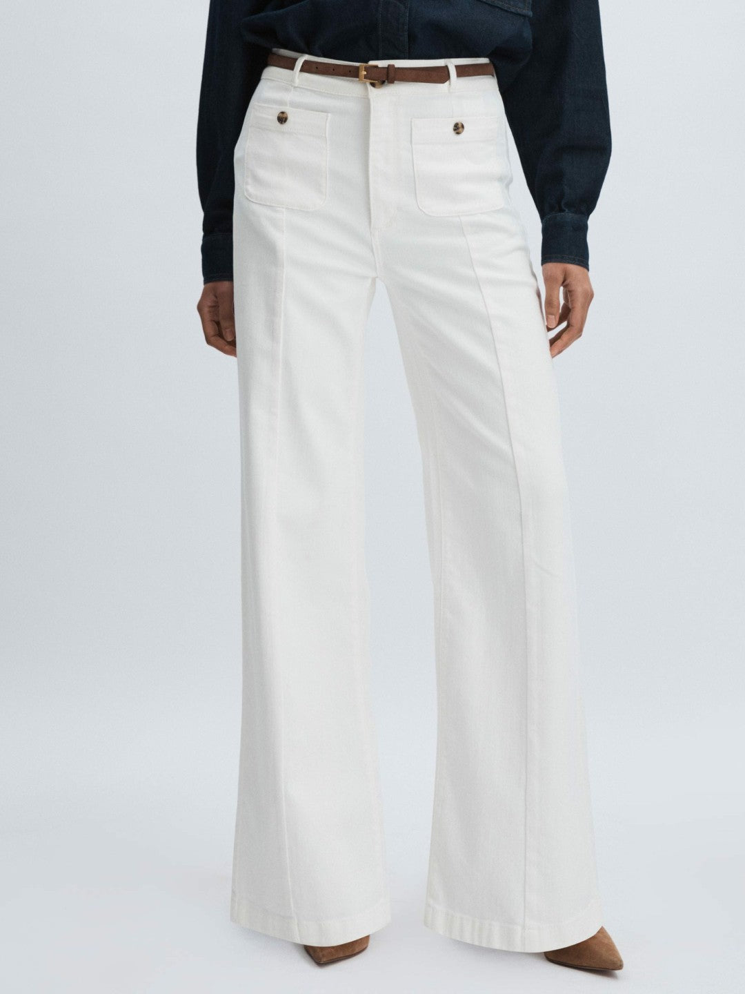 Reiss Paige Wide-Leg Patch Pocket Jeans in Ecru