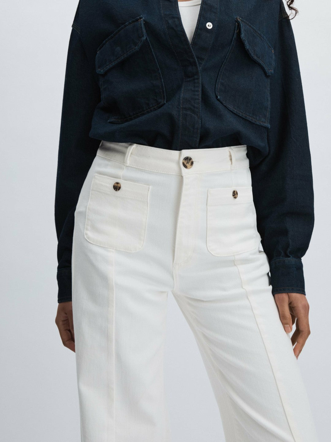 Reiss Paige Wide-Leg Patch Pocket Jeans in Ecru